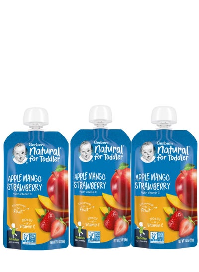 Gerber Organic Natural Baby Food For Infants 12m+ Apple Mango Strawberry With Vitamin C 3.5 oz 99 g Pack of 3