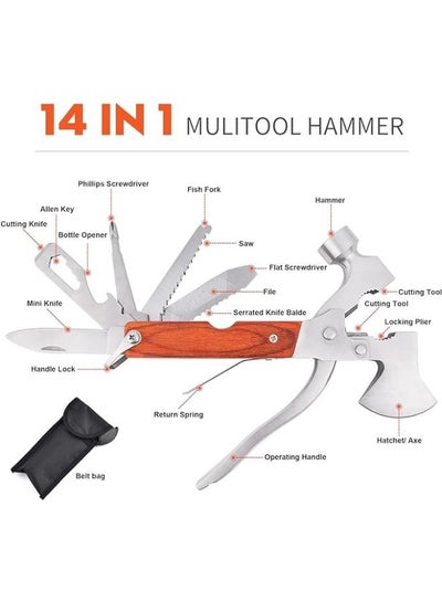 Multitool Hammer Camping Gear Accessories Survival Kits 14 in 1 Multifunction Tool Portable Folding Wood Handle Stainless Steel Multipurpose Equipment For Outdoor
