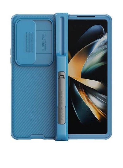 Samsung Galaxy Z Fold 4 5G CamShield Case Built-In Kickstand Case With S Pen Holder And Camera Cover Anti-Scratch Foldable Case Blue
