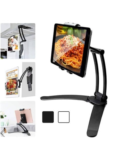 Kitchen Tablet Stand Wall Mount Adjustable, Stand 2-in-1 Kitchen Wall/Tabletop Desktop Mount Recipe Holder Stand for 4-11 Inch iPad Air Mini, iPhone 14 PRO Max XR X 6 7 8 Plus More Tablets Black