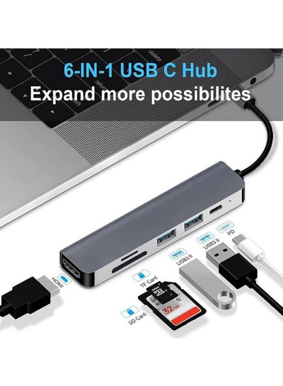 USB C Hub, 6 in 1 Type C to HDMI Multiport Adapter with HDMI 4K Output, 2 USB Ports, SD/TF Card Reader, USB-C Power Delivery, Compatible with MacBook, XPS More USB C Devices