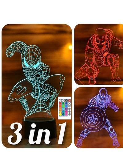 3 in 1 3D Night Lights For Kids 16 Colors 3D LED Illusion Lamp With Remote Control Bedroom Table Lamp Spiderman Captain America Ironman