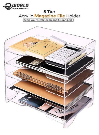 5 Tier Clear Acrylic Magazine File Holder Document Storage Organising Stand and Desk Organiser for Files Books and Papers