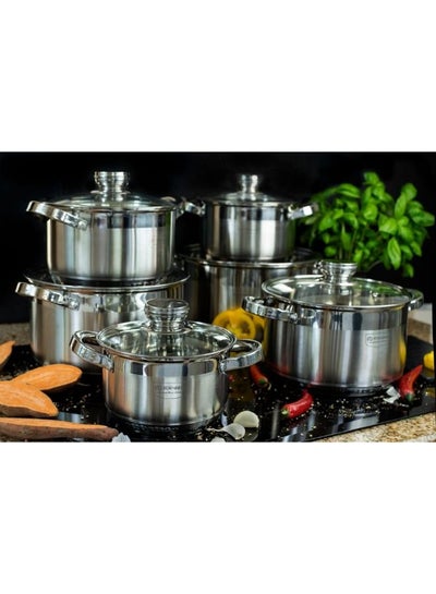 12 pcs Cookware Stainless Steel pots with Glass lids 6 induction friendly microwave safe - Silver