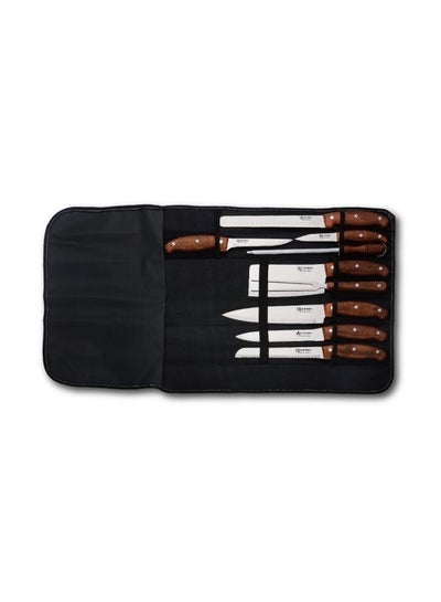 EDENBERG 9 Pcs Kitchen Knife Set | Portable Chef Knife Set for Kitchen Fruits, Vegetables, Cheese & Meat | Travel-Friendly Leather Pouch for Knife Set- Set of 9, Silver Brown