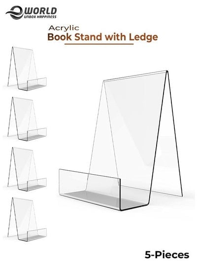5 pieces Acrylic Book Stand with Ledge, Clear Display Easel, Tablet Holder for Displaying Pictures, Books, Music Sheets, Notebooks, Artworks and CDs