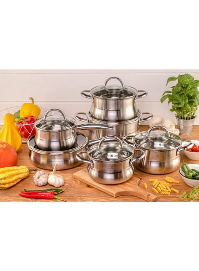 EDENBERG 12-piece Stainless Steel Cookware Set with Marble Coating Deep Frypan| Stainless Steel Cookware | Stainless Steel Fry Pan | Cast Iron Deep Pot| Butter Pot| Chamber Pot with Lid