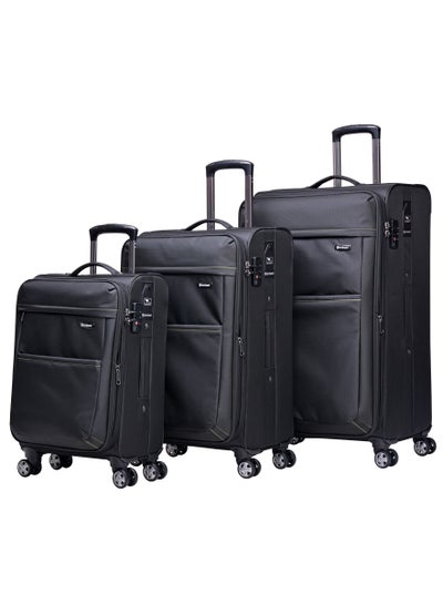Soft Shell Travel Bag Expandable Trolley Luggage Set of 3 for Unisex Polyester Light Weight Suitcase with TSA lock 4 Quiet Double Spinner Wheels V6093SZ Black