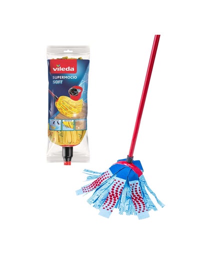 3-Action Cleaning Mop With Stick Red/Blue & Supermocio Soft Floor Mop Refill