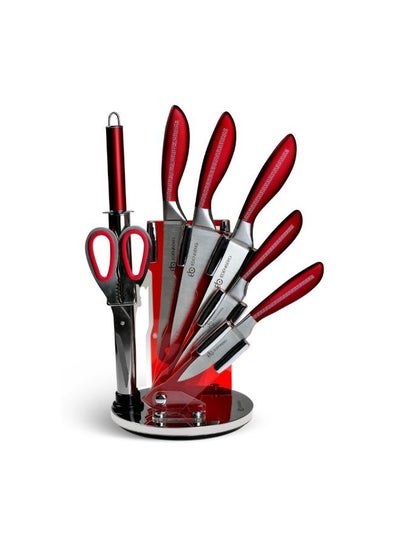 EDENBERG Kitchen Knife Set | Professional Kitchen Knives, Shears & Rotary Stand | High Carbon Steel Blade Knife | Multipurpose Sharp Edge Cooking & Cutting Knives- 8 Pieces Set (Silver Red)