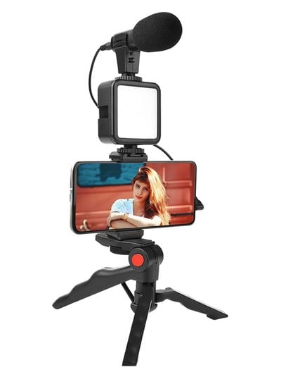 Vlogging Live Streaming Kit With Microphone Tripod Black