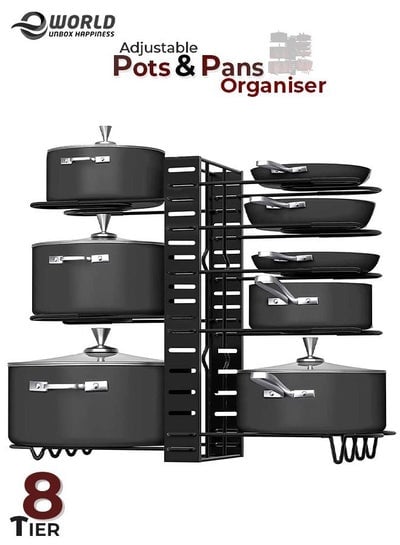 8-Tier Pots and Pan organizer, Anti Slip Rack with 3 DIY methods for kitchen counter