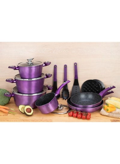 EDENBERG 15-piece Metallic Purple Forged Cookware Set| Stove Top Cooking Pot| Cast Iron Deep Pot| Butter Pot| Chamber Pot with Lid| Deep Frypan