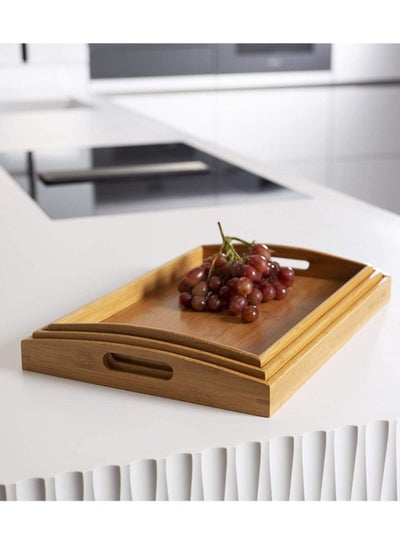 3-Piece Stackable Bamboo Table Serving Tray with handles