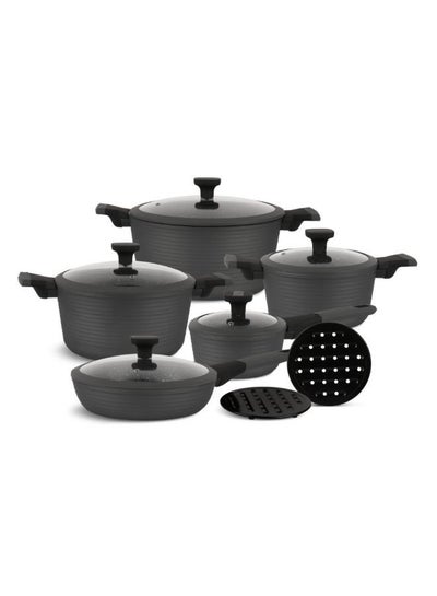EDENBERG 12 Pcs Set Forged Aluminum Cookware Set | Non-Stick Cookware Accessories- Pans & Pots with Glass Lid + Protective Handle Covers | 100% PFOA-Free | Microwave-Safe