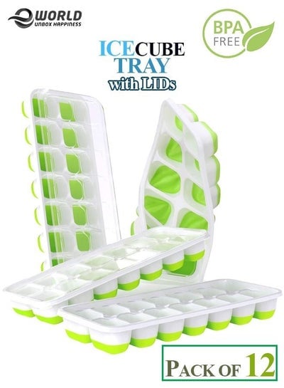 Pack of 12 Silicone Ice Cube Trays with Protective Removable Lid BPA Free Flexible unbreakable Durable with Cover for Freezer