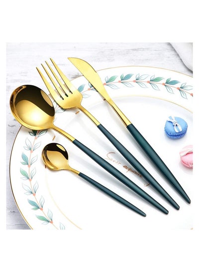 24-Piece Green Gold Cutlery Stainless Steel set Spoon Knife and Fork Service for 6, Safe and Easy to Clean