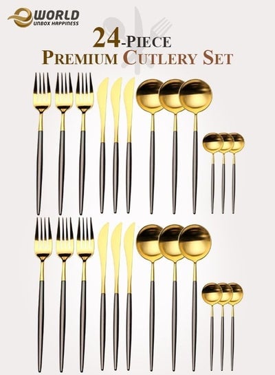 24 Piece Premium Stainless Steel Cutlery & Flatware Dinner Set Tableware Dining Table Kitchen Knife Spoons and Fork Set For Home, Hotels and Restaurants Black/Gold