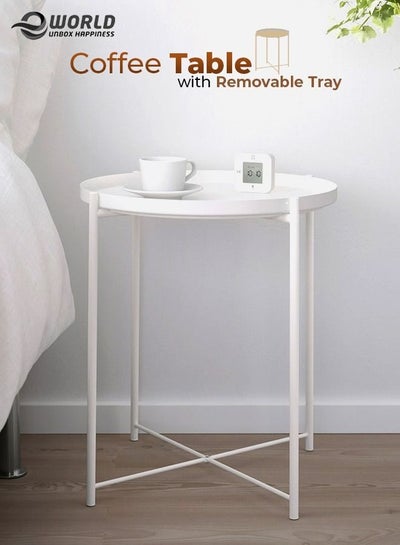Round Coffee Side Table With Removable Serving Metal Tray Top
