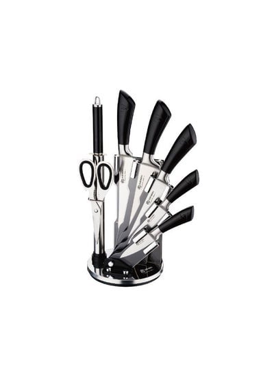 EDENBERG Kitchen Knife Set | Premium Carbon Stainless Steel Kitchen Knife Set with Kitchen Shears & Revolving Magnetic Stand- 8 Pcs (Silver-Black)