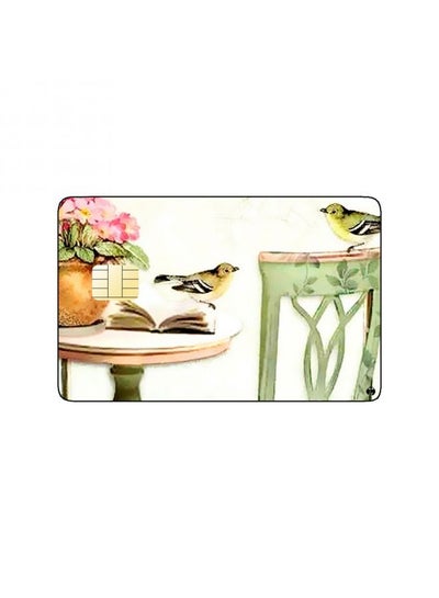 PRINTED BANK CARD STICKER Vintage Table Drawing With Book And Birds