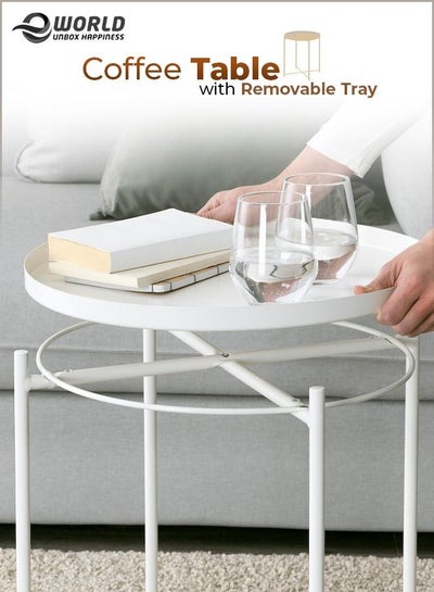 Round Coffee Side Table With Removable Serving Metal Tray Top