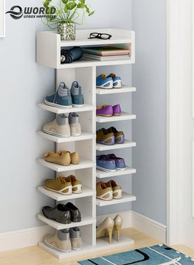 12-Tier Wooden Sturdy Freestanding Shoe Rack Double Sided Organizer for Entryway High Heels and Storage Drawer
