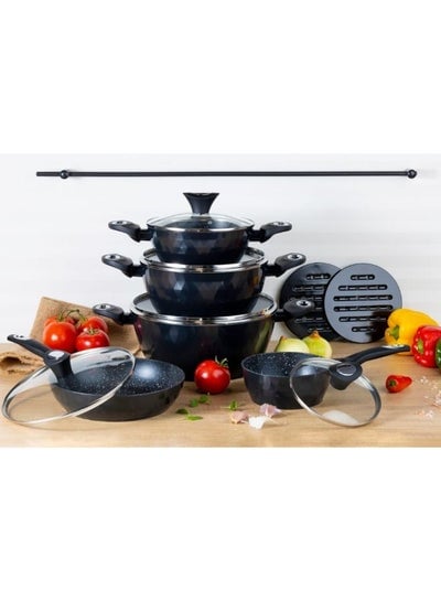 EDENBERG 12 piece Black Diamond Design Cookware Set | Stove Top Cooking Pot| Cast Iron Deep Pot| Butter Pot| Chamber Pot with Lid