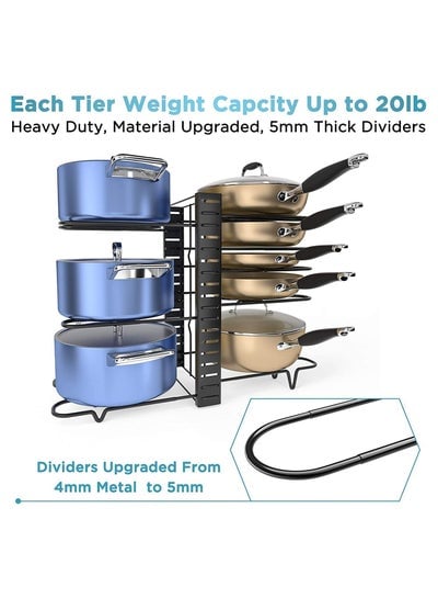 Adjustable 8-Tier Pots and Pan organizer, Anti Slip Rack with 3 DIY methods for kitchen counter and Cabinets