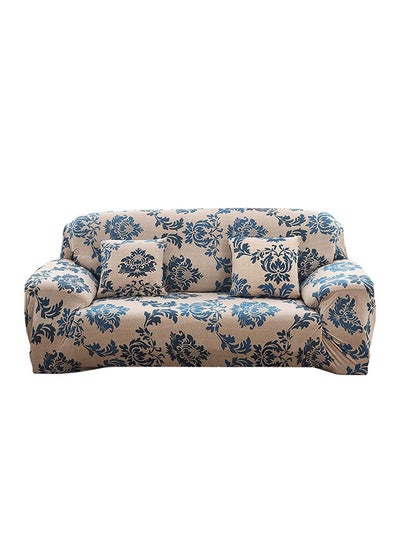 3-Seater Exquisitely Floarl Designed Wrinkle-free Anti-slip 360-degree Full Coverage Sofa Slipcover Beige/Blue Length Stretch From 190 To 230cm