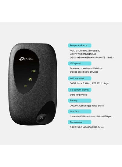 M7200 4G LTE 150MBPS Mobile Wi-Fi Hot Spot, Plug And Play, Connects Up To 10 Devices, 2000mAh Battery, Compatible With All SIM Cards, Manage tpMiFi App Black