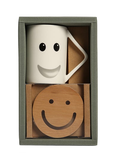 Smiley Face Mug And Coaster Set White/Brown 43x40.5centimeter