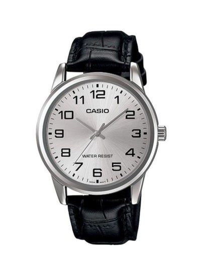 Men's Leather Analog Wrist Watch MTP-V001L-7BUDF - 45 mm - Black