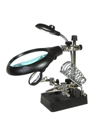 Soldering Iron Stand Clamp Holder Magnifying Lens Magnifier with 5 LED Light Black 6.8x10x16centimeter
