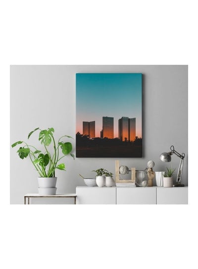 Sun Set On Building Printed Framed Canvas Wall Art Blue/Orange/Black 60x80centimeter