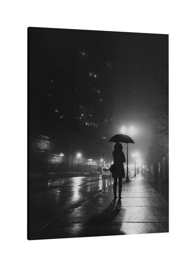 Standing Women On Street Night Printed Framed Canvas Wall Art Black/White 60x80centimeter