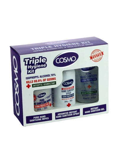 Triple Hygiene Kit (25xSanitizing Wipes, Sanitizer Spray 100ml, Sanitizer Gel 65ml)
