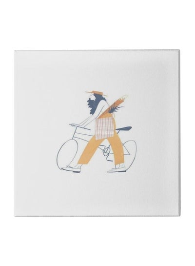 A Girl With Her Bike Themed Wall Painting With Frame White/Yellow/Black 50x50centimeter