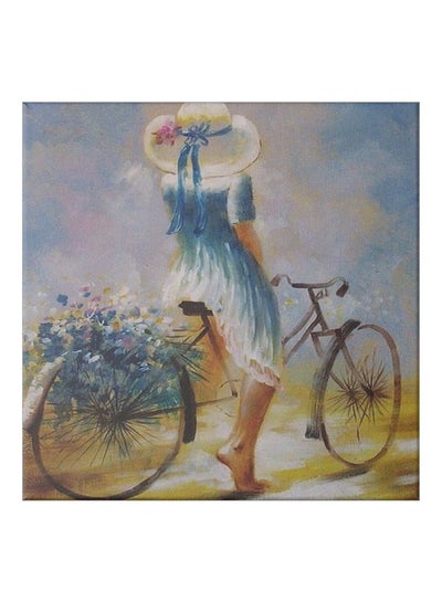 Girl On A Bike Themed Canvas Painting With Frame Blue/Beige/Grey 50x50centimeter