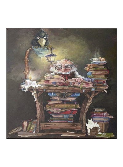 A Man With Books Themed Canvas Painting With Frame Brown/Grey/Black 50x50centimeter