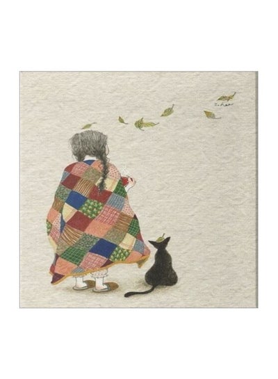 A Girl And a Cat Themed Canvas Painting With Frame Beige/Red/Green 50x50centimeter