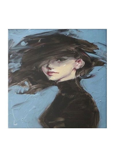 Girl Themed Canvas Painting With Frame Blue/Black/Beige 50x50centimeter