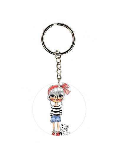 Cartoon Girl With Cat Printed Dual Sided Keychain