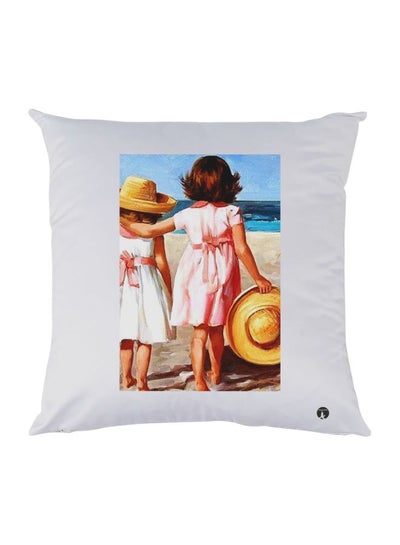 Girls At Beach Printed Decorative Throw Pillow White/Blue/Beige 30x30cm