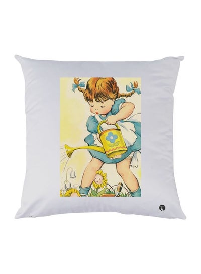 Cartoon Girl Watering Flowers Printed Decorative Throw Pillow White/Blue/Brown 30x30cm