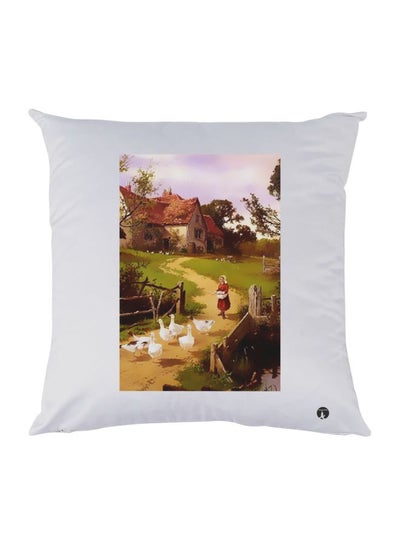 Village Scene Printed Decorative Throw Pillow White/Green/Brown 30x30cm