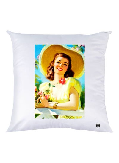 Girl Printed Decorative Throw Pillow White/Blue/Green 30x30cm