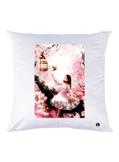 Cartoon Girl Printed Decorative Throw Pillow White/Pink/Brown 30x30cm