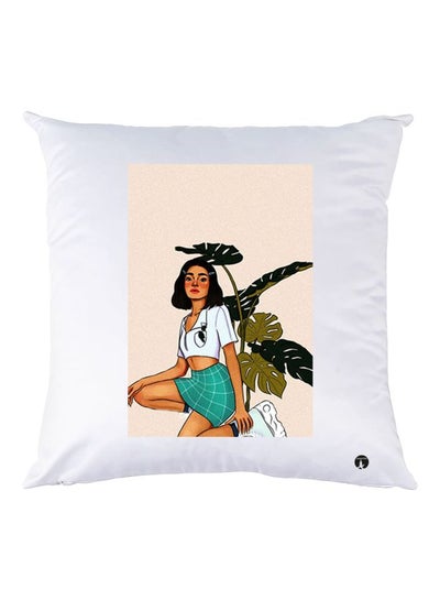 Girl Printed Decorative Throw Pillow White/Beige/Blue 30x30cm