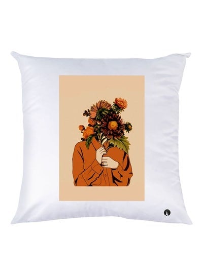 Girl With Flowers Printed Throw Pillow White/Brown/Green 30x30cm